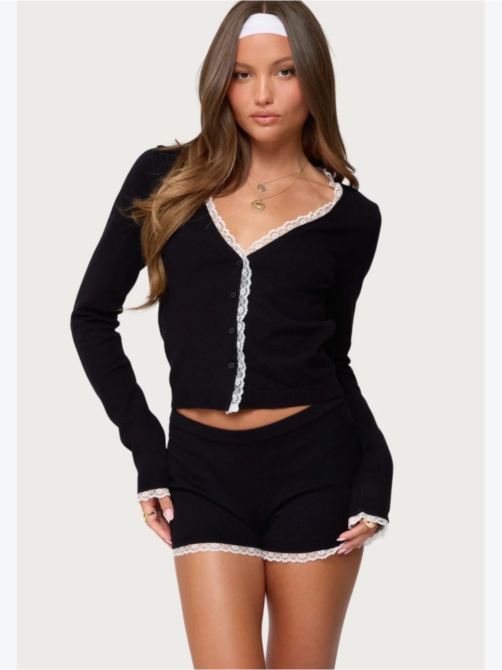 Edikted Black Lace-Trim Knit Cardigan & Short Set